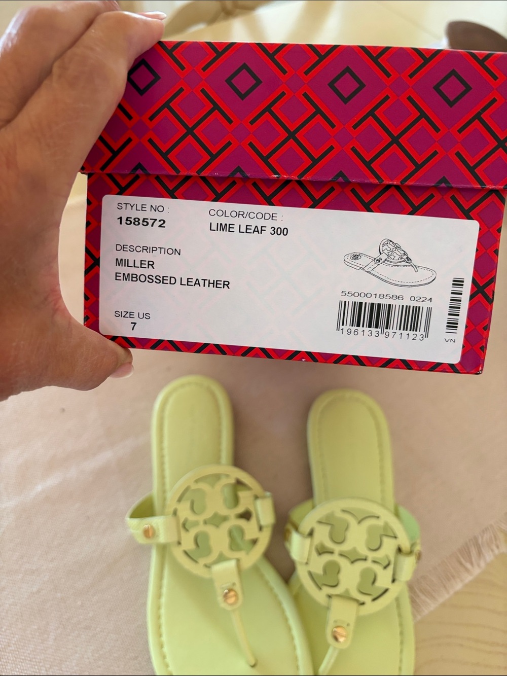 Tory Burch Miller Sandals Lime Leaf size 7 with Gold Accents - Picture 6 of 6
